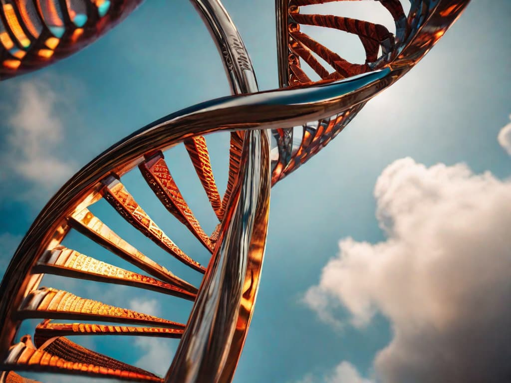  A close-up of a DNA helix with a glowing futuristic interface overlay, symbolizing the integration of AI technology in genomic medicine and cancer treatment planning. digital art, ilustration, no flares, clean hyperrealistic, full body, detailed clothing, highly detailed, cinematic lighting, stunningly beautiful, intricate, sharp focus, f/1. 8, 85mm, (centered image composition), (professionally color graded), ((bright soft diffused light)), volumetric fog, trending on instagram, trending on tumblr, HDR 4K, 8K