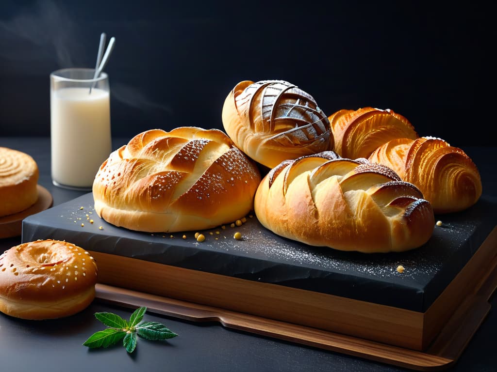  An ultradetailed 8k image of an assortment of freshly baked artisan bread and pastries displayed on a sleek, black minimalist background. Each pastry and bread item is meticulously crafted, showcasing intricate details like flaky layers, golden crusts, and delicate icing decorations. The image exudes a sense of professionalism and artistry, perfectly complementing the tone of the article on online certifications in bakery and pastry arts. hyperrealistic, full body, detailed clothing, highly detailed, cinematic lighting, stunningly beautiful, intricate, sharp focus, f/1. 8, 85mm, (centered image composition), (professionally color graded), ((bright soft diffused light)), volumetric fog, trending on instagram, trending on tumblr, HDR 4K, 8K