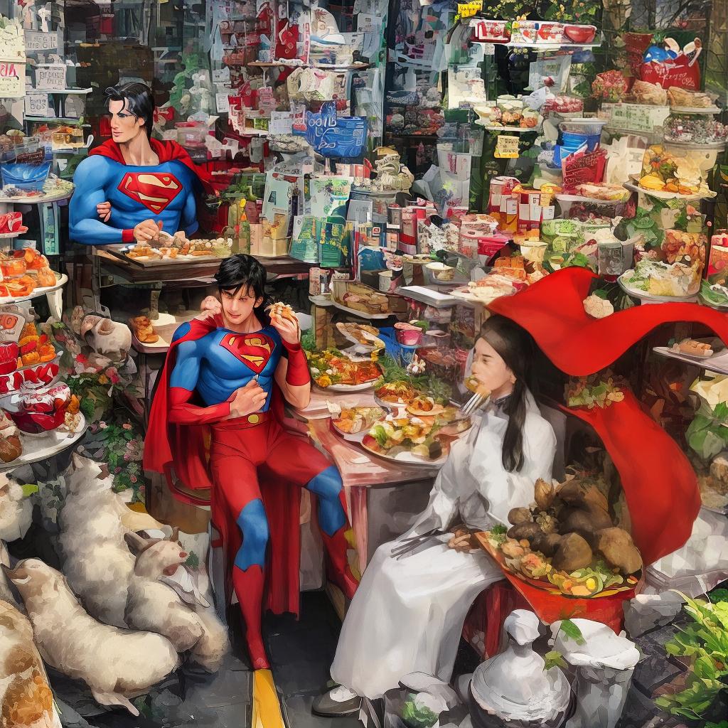  Superman, tall and powerful, wearing a red cape, is sitting at a roadside stall, munching on food. His blue eyes are shining with excitement, his cheeks are bulging like a squirrel, his fork is slightly deformed by his grip, and most of the food on his plate has already been destroyed by him. Best quality, delicate features, male, crazy smile, middle hair, black hair, bridal veil, ribbon, cross-eyed