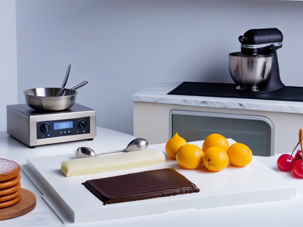  An ultradetailed 8K image of a sleek, modern kitchen countertop adorned with an array of highend, professional pastry tools and equipment. The image showcases items such as precision scales, piping bags, pastry brushes, whisks, pastry tips, a marble rolling pin, and a selection of quality ingredients like vanilla beans, fresh berries, and gourmet chocolate bars. The minimalist aesthetic highlights the craftsmanship and precision required for mastering French pastry techniques, appealing to the aspirational and professional tone of the article. hyperrealistic, full body, detailed clothing, highly detailed, cinematic lighting, stunningly beautiful, intricate, sharp focus, f/1. 8, 85mm, (centered image composition), (professionally color graded), ((bright soft diffused light)), volumetric fog, trending on instagram, trending on tumblr, HDR 4K, 8K