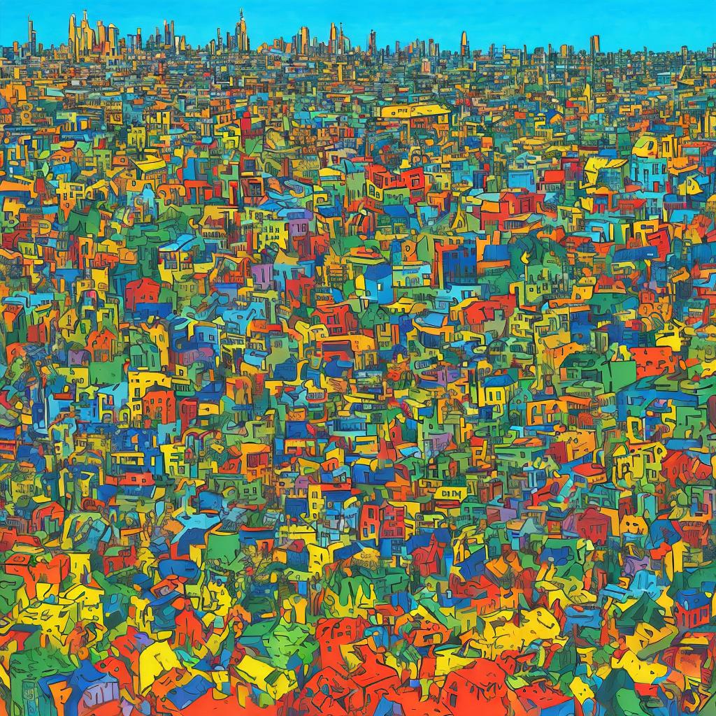  A surrealistic painting of an intricate, multilayered landscape made from various objects found in everyday life, such as used glass bottles and plastic cups, scattered around the scene with buildings, trees, animals, people's faces, clocks, and other elements. The background is a vibrant cityscape, and there’s a large creature or figure peeking out from behind one layer of debris. It has tentacles that intertwine with plants and rocks. in the style of Michael Deforge. Chaotic style. The city is at the top and we see the layers underneath inside the earth. ar 64:45