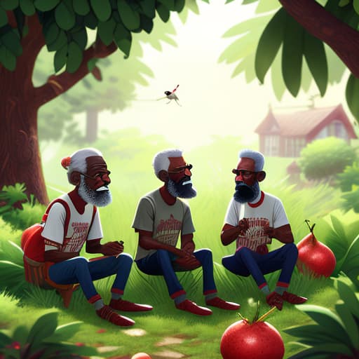  old African men with gray hair and beards wearing tattered t shirts and red pants are sitting outside the house next to a fruit tree hyperrealistic, full body, detailed clothing, highly detailed, cinematic lighting, stunningly beautiful, intricate, sharp focus, f/1. 8, 85mm, (centered image composition), (professionally color graded), ((bright soft diffused light)), volumetric fog, trending on instagram, trending on tumblr, HDR 4K, 8K