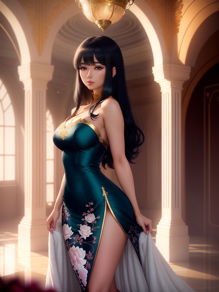  An cute and anime wearing blue china dress, black mid length hair with bangs, bare shoulders, bare arms, exudes feminine charm, greeny eyes with attractive lashes, full subtle mauve lipstick, large s covered by curved fit dress, blush, expression on face Background:luxurious room in a grand palace, oval freestanding tub with gold accents, marble floors with reflections, tall arched windows, stargazing view through a gl ceiling, warm ambient lighting, scattered rose petals, ornate pillars and arches, high end spa atmosphere, candles casting soft glow, fluffy white towels, elegant floral arrangements in vases, tranquil and serene mood, indoor poolside cherry blossoms. hyperrealistic, full body, detailed clothing, highly detailed, cinematic lighting, stunningly beautiful, intricate, sharp focus, f/1. 8, 85mm, (centered image composition), (professionally color graded), ((bright soft diffused light)), volumetric fog, trending on instagram, trending on tumblr, HDR 4K, 8K