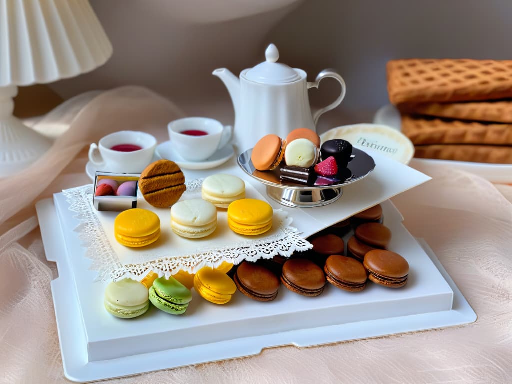  A highresolution, ultradetailed image of an elegant, minimalistic tea set arranged on a lace doily, with delicate porcelain teacups, a silver teapot, and a selection of colorful macarons and pastries on a tiered tray. The background is softly blurred, emphasizing the intricate details of the fine china and the decadent desserts, creating a sophisticated and visually appealing composition that captures the essence of high society tea time in the world of Bridgerton. hyperrealistic, full body, detailed clothing, highly detailed, cinematic lighting, stunningly beautiful, intricate, sharp focus, f/1. 8, 85mm, (centered image composition), (professionally color graded), ((bright soft diffused light)), volumetric fog, trending on instagram, trending on tumblr, HDR 4K, 8K