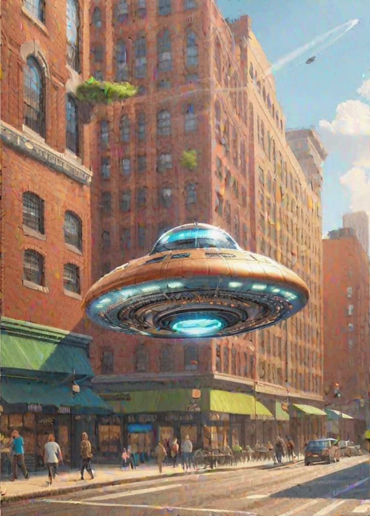  UFO hovering over a bustling American city street, with detailed urban architecture. RAW photo style, high resolution, clear daylight setting., high resolution, ((sharp focus)), best quality, ((masterpiece))