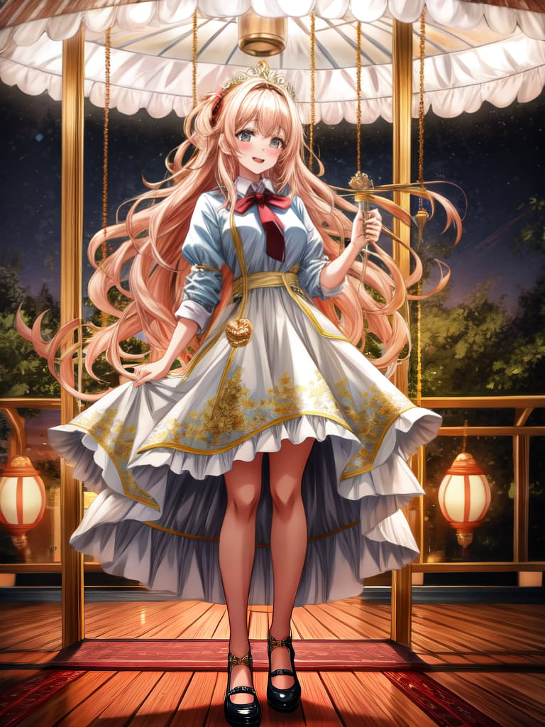  ,long hair,,adorable ,,hime cut,wavy hair,blush,drunk,, dress,bare legs,Ultra fine, the best quality, masterpiece, high level, original, ultra fine 8K wallpaper, a very exquisite and beautiful anime, 1 , beautiful, , happy, on a carousel, anime style, beautiful, perfect, meticulous, beautiful, ideal, impeccable hyperrealistic, full body, detailed clothing, highly detailed, cinematic lighting, stunningly beautiful, intricate, sharp focus, f/1. 8, 85mm, (centered image composition), (professionally color graded), ((bright soft diffused light)), volumetric fog, trending on instagram, trending on tumblr, HDR 4K, 8K