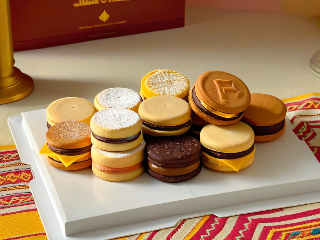  A minimalistic illustration showcasing the journey of alfajores from the Middle East to Latin America, with intricate patterns symbolizing cultural heritage, set against a serene backdrop representing the fusion of traditions. hyperrealistic, full body, detailed clothing, highly detailed, cinematic lighting, stunningly beautiful, intricate, sharp focus, f/1. 8, 85mm, (centered image composition), (professionally color graded), ((bright soft diffused light)), volumetric fog, trending on instagram, trending on tumblr, HDR 4K, 8K