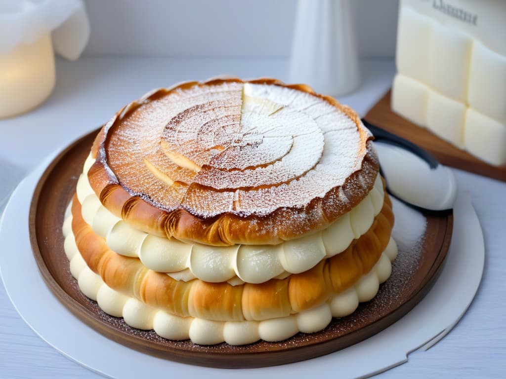  A closeup, ultradetailed image of a perfectly folded Qatayef dessert, showcasing the intricate layers of the dough and the rich, creamy filling oozing out. The goldenbrown hue of the pastry contrasts beautifully with the luscious white cream, highlighting the precision and skill required to create the perfect Qatayef. hyperrealistic, full body, detailed clothing, highly detailed, cinematic lighting, stunningly beautiful, intricate, sharp focus, f/1. 8, 85mm, (centered image composition), (professionally color graded), ((bright soft diffused light)), volumetric fog, trending on instagram, trending on tumblr, HDR 4K, 8K