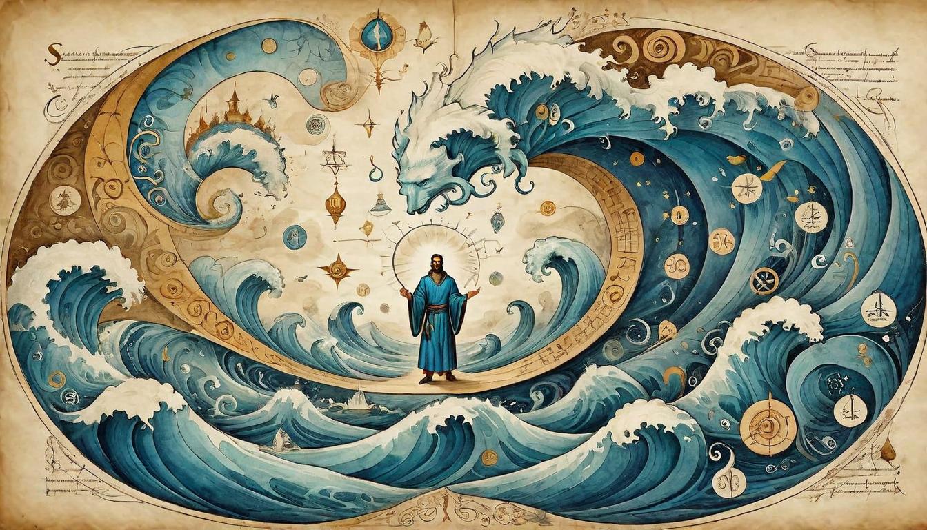  on parchment, surrealism+++, a figure surrounded by resonating waves, each wave depicting different symbols of success, alignment and synergy with the highest potential(mysterious, provocative, symbolic,muted color)+++