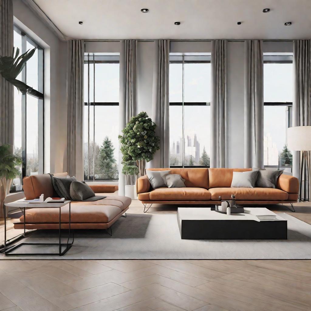  masterpiece, best quality, Best Quality, Masterpiece, 8k resolution,high resolution concept art of an apartment living room with floor to ceiling windows and modern furniture