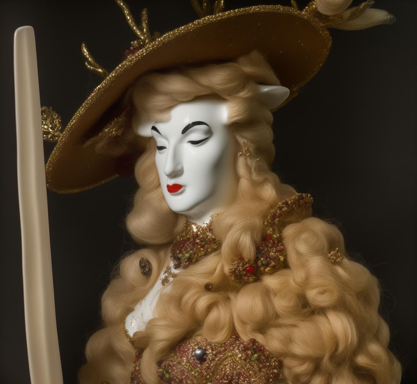  PHOTOGRAPH of a bright, Colorful and Shiny (((Meissen Porcelain DEER))) with a (((GLITTERY HAT))), (((Porcelain hair))) looking at the viewer, on a black background, Stunning Masterpiece, Wide angle, 3:2 aspect radio, with perfect expression and facial structure, LARGE EYES, in the style of FRAGONARD, ultra sharp focus, 8k, big dark eyes, closed mouth, (((45 degree light))),  hyperrealistic, full body, detailed clothing, highly detailed, cinematic lighting, stunningly beautiful, intricate, sharp focus, f/1. 8, 85mm, (centered image composition), (professionally color graded), ((bright soft diffused light)), volumetric fog, trending on instagram, trending on tumblr, HDR 4K, 8K