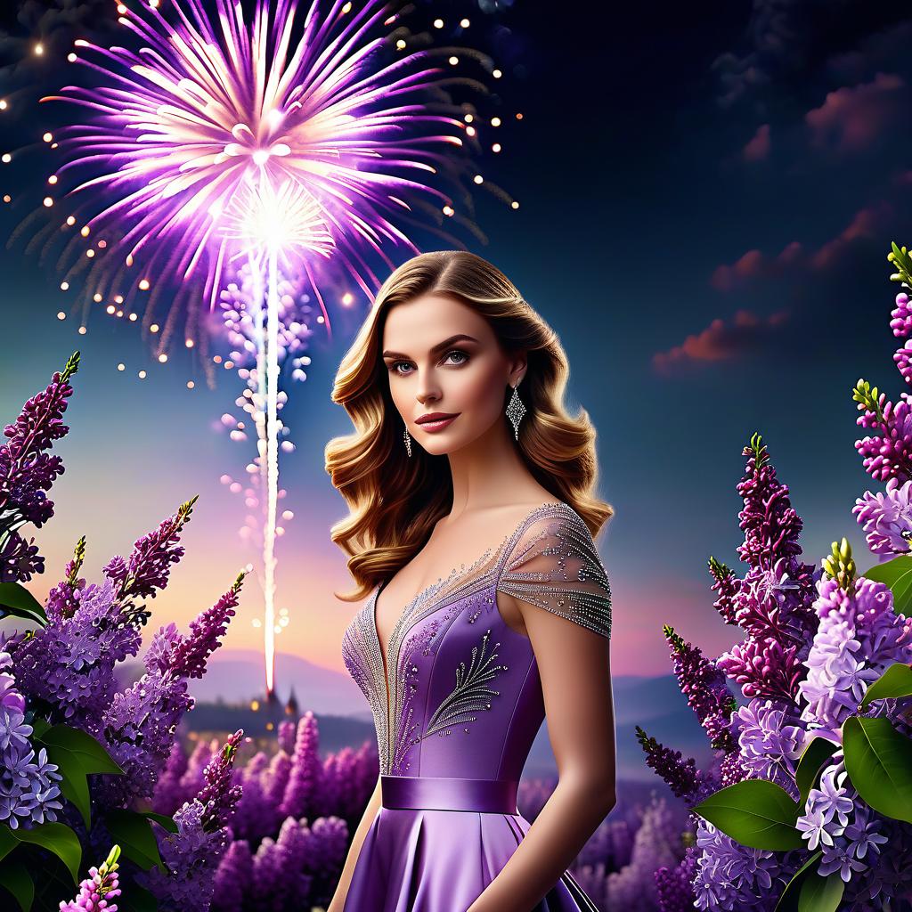  Advertising poster style postcard, fireworks, lilacs, May, spring. . Professional, modern, product focused, commercial, eye catching, highly detailed hyperrealistic, full body, detailed clothing, highly detailed, cinematic lighting, stunningly beautiful, intricate, sharp focus, f/1. 8, 85mm, (centered image composition), (professionally color graded), ((bright soft diffused light)), volumetric fog, trending on instagram, trending on tumblr, HDR 4K, 8K