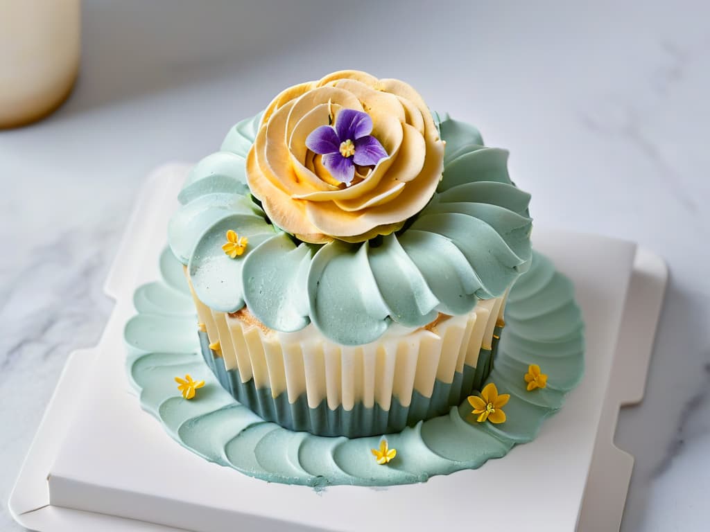  A closeup, ultradetailed image of a perfectly frosted cupcake with intricate swirls of pastelcolored buttercream, topped with delicate edible flowers and shimmering gold leaf. The cupcake sits on a sleek, modern marble countertop, with soft natural light illuminating the dessert, highlighting its exquisite details and inviting texture. hyperrealistic, full body, detailed clothing, highly detailed, cinematic lighting, stunningly beautiful, intricate, sharp focus, f/1. 8, 85mm, (centered image composition), (professionally color graded), ((bright soft diffused light)), volumetric fog, trending on instagram, trending on tumblr, HDR 4K, 8K