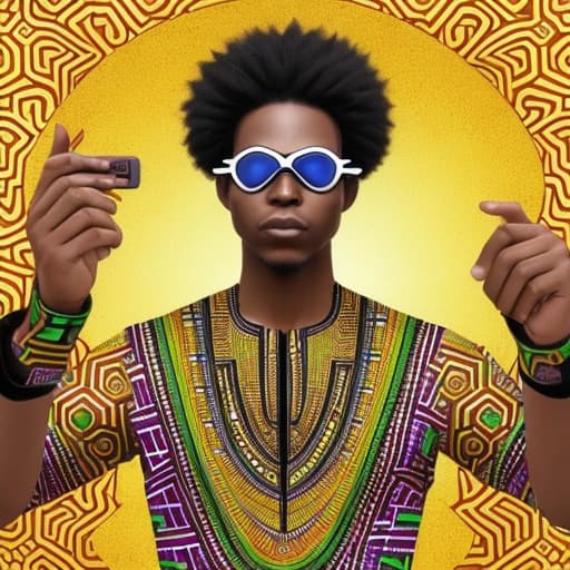  Design a a futuristic Afrocentric augmented reality wearable that a African Freedom Fighter would wear. With dashiki designs. The design focused on a selfie view and also portray a freedom fighter who is battling for the prosperity of the African continent