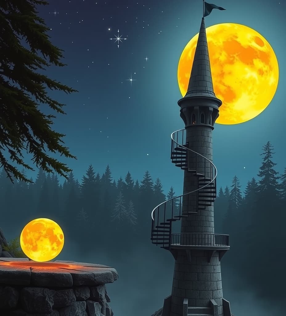  good quality, high quality, a fantasy setting of a wizard tower at night with a full moon. the tower is made of stone and has a spiral staircase. there's a glowing orb floating near the tower. the background reveals a mystical forest with tall trees. the sky is clear with a few stars.