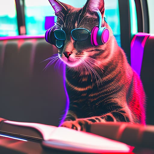 nvinkpunk Realistic image of a cat wearing headphones and reading glasses while riding a bus., 8k, Bioluminescent hyperrealistic, full body, detailed clothing, highly detailed, cinematic lighting, stunningly beautiful, intricate, sharp focus, f/1. 8, 85mm, (centered image composition), (professionally color graded), ((bright soft diffused light)), volumetric fog, trending on instagram, trending on tumblr, HDR 4K, 8K