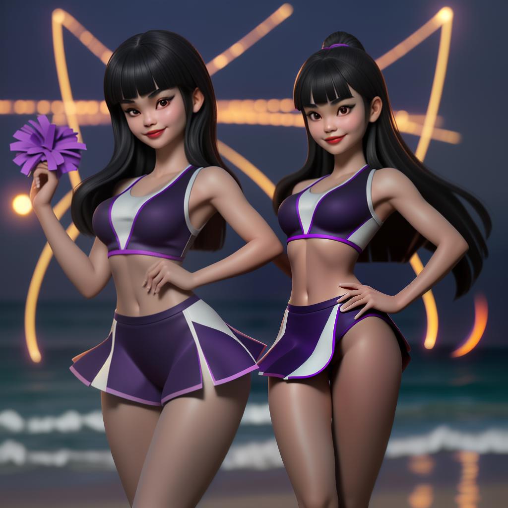  (full-body photo), a Thai woman wearing a cheerleader outfit standing on the beach party, black long blunt bangs, smile, lipstick, purple cheerleader outfit, beach, at night, ((finely detailed face)), professional photoshoot, muse, perfect anatomy, perfectly shapely body, detailed background, perfect body parts, perfect proportions, hyper-realism, professional compositions, perfect lighting, masterpiece, award winning, 8k, best quality, hyperrealistic