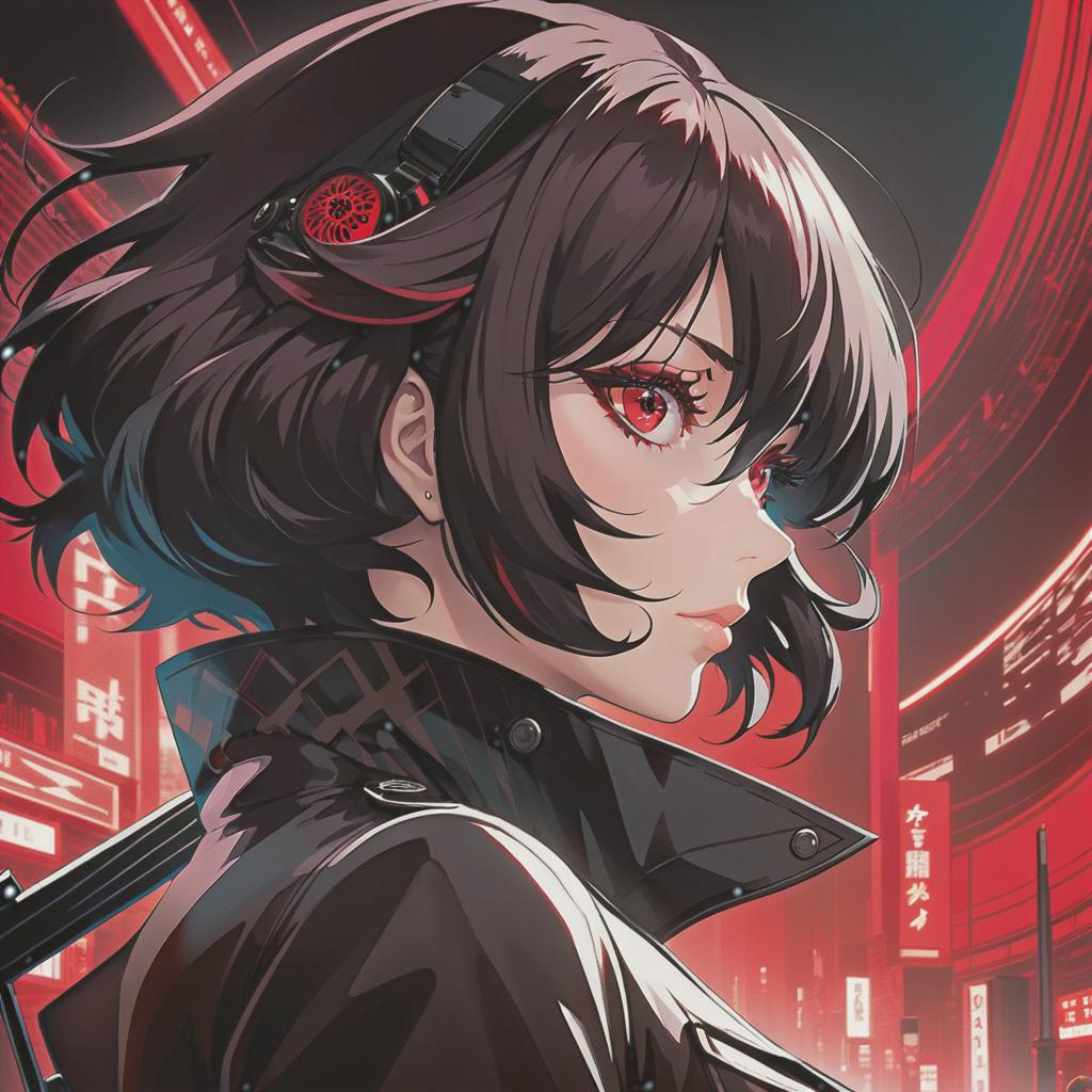  a close up of a person with red eyes, by Kilian Eng, anime girl portrait profile, persona 5, martin ansin, retrowave noir, portrait of lain iwakura, style of red line anime movie, akane owari danganronpa hyperrealistic, full body, detailed clothing, highly detailed, cinematic lighting, stunningly beautiful, intricate, sharp focus, f/1. 8, 85mm, (centered image composition), (professionally color graded), ((bright soft diffused light)), volumetric fog, trending on instagram, trending on tumblr, HDR 4K, 8K