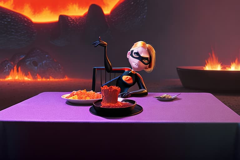  Character “Mirage” from the movie “The Incredibles” on the table in front of the lava wall