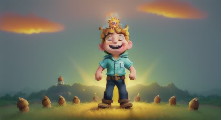  {Giggles standing proudly atop a hill, his glowing crown shining brightly, with the sun setting in the background., Giggles stands tall, his heart full of joy and his spirit shining bright. He is a beacon of happiness and a symbol of friendship and love for all.