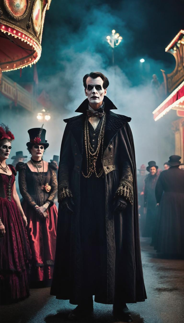  gothic style depiction of Sideshow at carnival . dark, mysterious, haunting, dramatic, ornate, detailed, hyperrealistic, full body, detailed clothing, highly detailed, cinematic lighting, stunningly beautiful, intricate, sharp focus, f/1. 8, 85mm, (centered image composition), (professionally color graded), ((bright soft diffused light)), volumetric fog, trending on instagram, trending on tumblr, HDR 4K, 8K