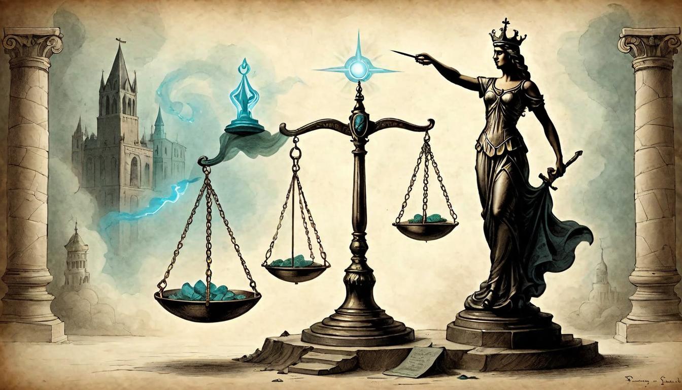  on parchment, surrealism+++, Scales of justice glowing with an ethereal light, balancing truth against deceit, a new era of fairness and integrity, balance, light, justice(mysterious, provocative, symbolic,muted color)+++