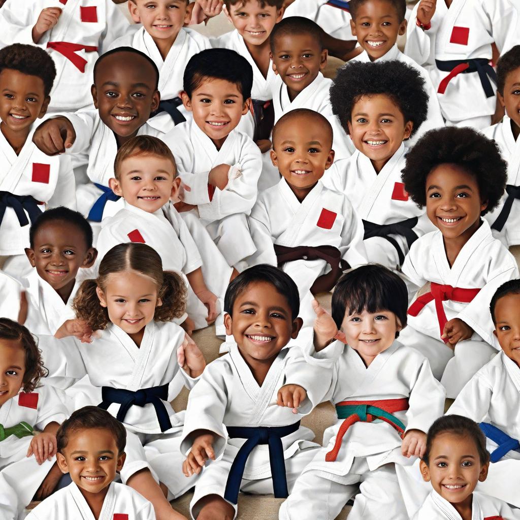  masterpiece, best quality, Smiling Children of various races age 5 to 8 wearing white karate uniforms