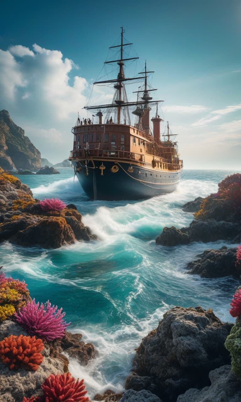  nautical themed An amazing abstract fairy tale picture of the world, bright colors mixed with the real and the world . sea, ocean, ships, maritime, beach, marine life, highly detailed hyperrealistic, full body, detailed clothing, highly detailed, cinematic lighting, stunningly beautiful, intricate, sharp focus, f/1. 8, 85mm, (centered image composition), (professionally color graded), ((bright soft diffused light)), volumetric fog, trending on instagram, trending on tumblr, HDR 4K, 8K