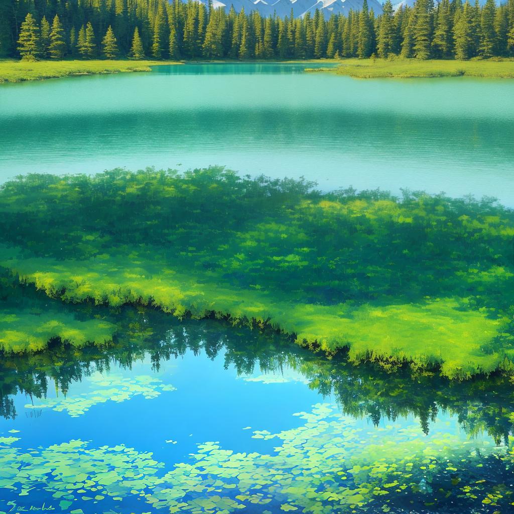  as a painting, Convey the serene majesty of towering mountains reflected in the crystal-clear waters of a tranquil alpine lake, using your unique artistic vision to evoke a sense of awe and tranquility.