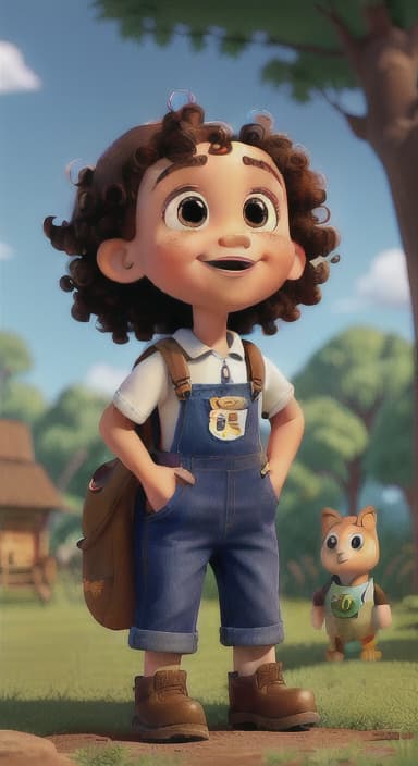  {Riley looking up at the tree with a big smile, animals surrounding them., Riley, a curious with big brown eyes and curly hair, wearing overalls and carrying a small backpack. Their friend, Skye, a bluebird with shiny feathers.