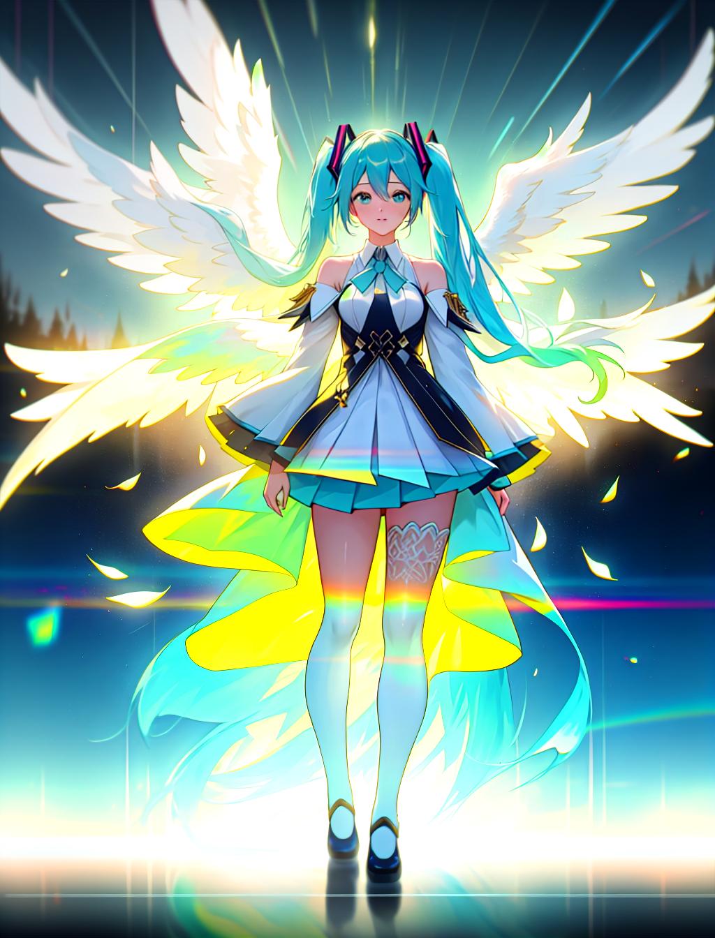  Rainbow Hatsune Miku. Angel vibes. Lots of colors , hyperrealistic, full body, detailed clothing, highly detailed, cinematic lighting, stunningly beautiful, intricate, sharp focus, f/1. 8, 85mm, (centered image composition), (professionally color graded), ((bright soft diffused light)), volumetric fog, trending on instagram, trending on tumblr, HDR 4K, 8K hyperrealistic, full body, detailed clothing, highly detailed, cinematic lighting, stunningly beautiful, intricate, sharp focus, f/1. 8, 85mm, (centered image composition), (professionally color graded), ((bright soft diffused light)), volumetric fog, trending on instagram, trending on tumblr, HDR 4K, 8K