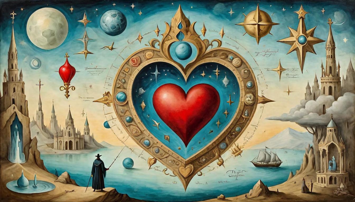  on parchment, surrealism+++, A figure surrounded by luxury symbols, but their heart, depicted as an ethereal light, pulled towards a distant, simple horizon, conflicting ideals, spiritual versus material(mysterious, provocative, symbolic,muted color)+++