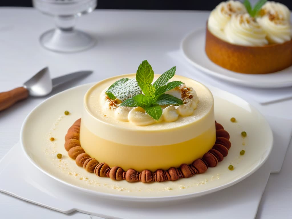  An ultradetailed image of a perfectly plated natilla colombiana, showcasing its smooth, creamy texture topped with a sprinkle of cinnamon and a sprig of fresh mint. The dessert is presented on a white ceramic plate with intricate floral patterns, set against a dark oak table to emphasize the richness of the dish. The soft lighting highlights the glossy surface of the natilla, inviting the viewer to savor its traditional flavors and warm, comforting appeal. hyperrealistic, full body, detailed clothing, highly detailed, cinematic lighting, stunningly beautiful, intricate, sharp focus, f/1. 8, 85mm, (centered image composition), (professionally color graded), ((bright soft diffused light)), volumetric fog, trending on instagram, trending on tumblr, HDR 4K, 8K