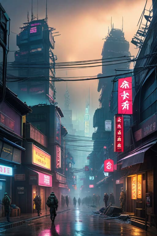  dark futuristic scenery, atmospheric fog, moonlight, futuristic city,dirty busy streets with open shops, trash on street, run down buildings, (postapocalyptic city:1.3) cyber city, neon signs, Japanese city street view, bright neon signs, rain reflection on street, futuristic neon signs overloading sides of buildings, busy people crowning thin hyperrealistic, full body, detailed clothing, highly detailed, cinematic lighting, stunningly beautiful, intricate, sharp focus, f/1. 8, 85mm, (centered image composition), (professionally color graded), ((bright soft diffused light)), volumetric fog, trending on instagram, trending on tumblr, HDR 4K, 8K