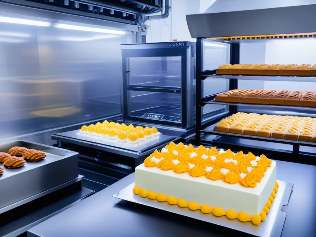  A photorealistic image of a professional bakery kitchen with advanced 3D printers seamlessly integrated into the workflow, showcasing intricately designed and customized cakes and pastries being created with precision. The image captures the futuristic and innovative approach to pastry making, with a mix of traditional baking tools and cuttingedge technology working in harmony to elevate the art of confectionery. hyperrealistic, full body, detailed clothing, highly detailed, cinematic lighting, stunningly beautiful, intricate, sharp focus, f/1. 8, 85mm, (centered image composition), (professionally color graded), ((bright soft diffused light)), volumetric fog, trending on instagram, trending on tumblr, HDR 4K, 8K