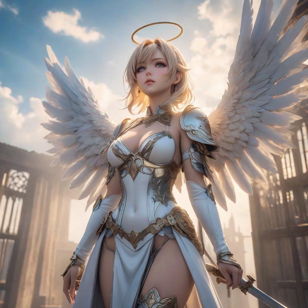  Blatantly honest angel in anime style against the backdrop of the sky under beams. hyperrealistic, full body, detailed clothing, highly detailed, cinematic lighting, stunningly beautiful, intricate, sharp focus, f/1. 8, 85mm, (centered image composition), (professionally color graded), ((bright soft diffused light)), volumetric fog, trending on instagram, trending on tumblr, HDR 4K, 8K