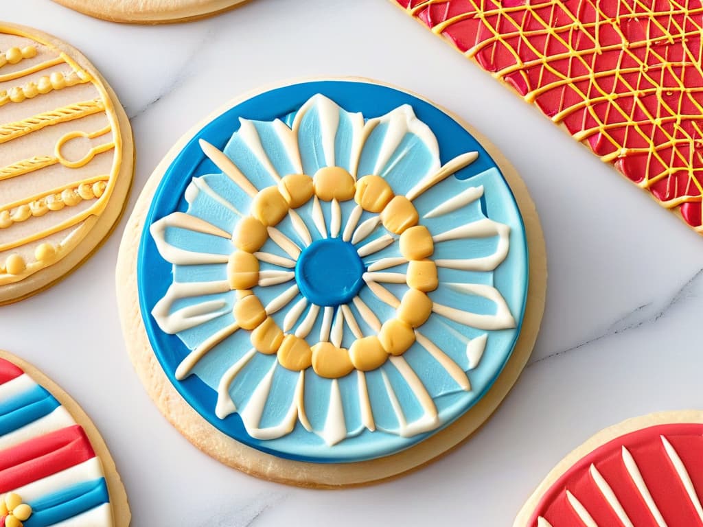  A closeup, highresolution image of a beautifully decorated sugar cookie featuring intricate patterns created using patterned rolling pins. The cookie should be perfectly round with a glossy royal icing finish, showcasing a mesmerizing design of geometric shapes and delicate floral motifs. The colors should be vibrant and visually appealing, with the patterns being crisp and precise, highlighting the precision and artistry involved in using patterned rolling pins for cookie decoration. hyperrealistic, full body, detailed clothing, highly detailed, cinematic lighting, stunningly beautiful, intricate, sharp focus, f/1. 8, 85mm, (centered image composition), (professionally color graded), ((bright soft diffused light)), volumetric fog, trending on instagram, trending on tumblr, HDR 4K, 8K