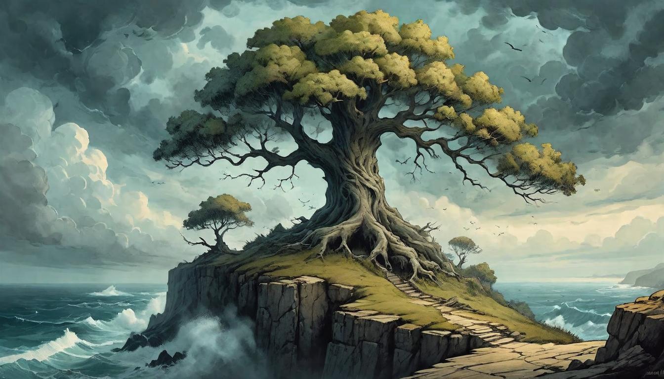  on parchment, surrealism+++, A stalwart tree on a rugged cliff, facing ocean storms, steadfast in conviction, solitary defiance, resilience against elements(mysterious, provocative, symbolic,muted color)+++