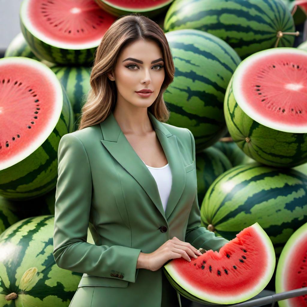  A beautiful girl in a business suit styled like a watermelon. The suit should look elegant, with the characteristic watermelon colors green and pink, and perhaps a pattern that hints at the seeds of the watermelon. Her look should be professional and confident, maybe with a briefcase or laptop that complements her outfit. hyperrealistic, full body, detailed clothing, highly detailed, cinematic lighting, stunningly beautiful, intricate, sharp focus, f/1. 8, 85mm, (centered image composition), (professionally color graded), ((bright soft diffused light)), volumetric fog, trending on instagram, trending on tumblr, HDR 4K, 8K