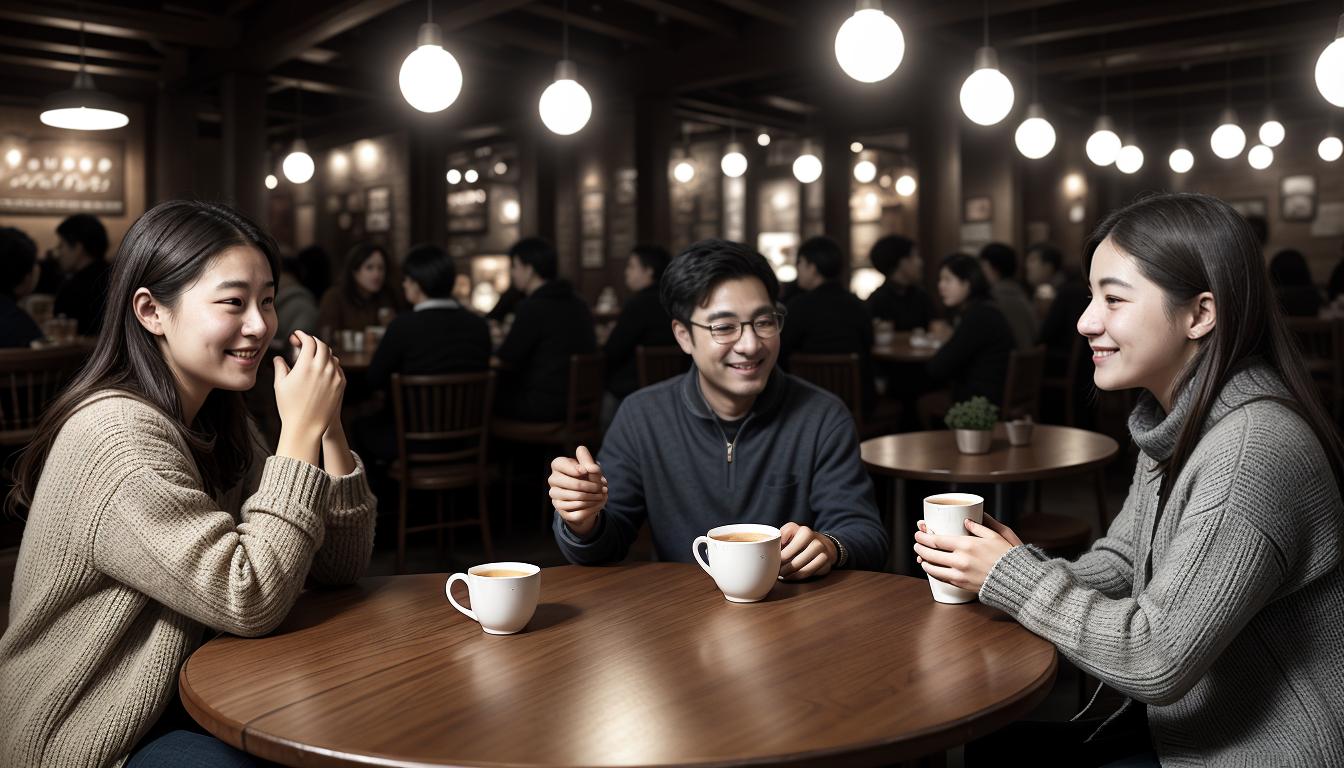  digital illustration, A round table with two people, deeply engaged in conversation, facial expressions showing connection, setting of a cozy café, themed around warmth and openness, meaningful interaction, looking at viewer, dynamic pose, (intricate details, masterpiece, best quality)