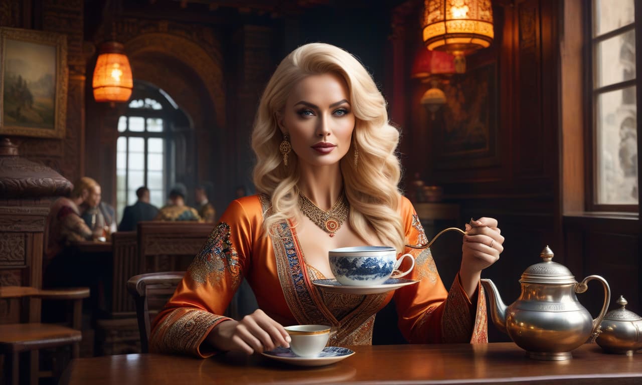  Visual art of a place that feels inventive and adventurous, a very detailed and deep portrayal. A blonde in ethnic garments sips tea from a cup. Use only three colors and their shades. (Translated from Russian) hyperrealistic, full body, detailed clothing, highly detailed, cinematic lighting, stunningly beautiful, intricate, sharp focus, f/1. 8, 85mm, (centered image composition), (professionally color graded), ((bright soft diffused light)), volumetric fog, trending on instagram, trending on tumblr, HDR 4K, 8K