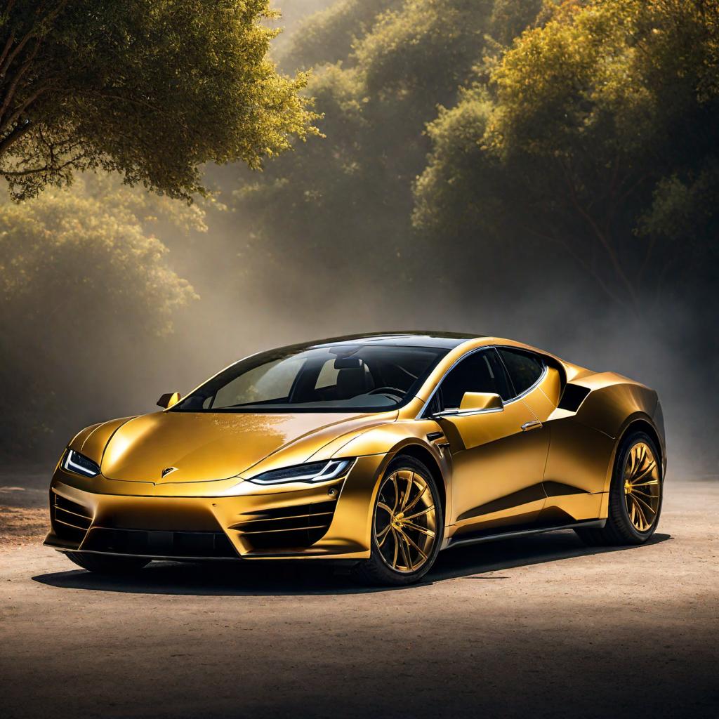  Create an image of a sport version of a Golden Tesla Cybertruck that looks similar to a Lamborghini with a golden Infinity logo on it. hyperrealistic, full body, detailed clothing, highly detailed, cinematic lighting, stunningly beautiful, intricate, sharp focus, f/1. 8, 85mm, (centered image composition), (professionally color graded), ((bright soft diffused light)), volumetric fog, trending on instagram, trending on tumblr, HDR 4K, 8K