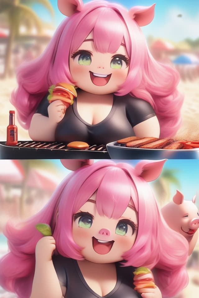  extremely obese girl、pink colored hair、((bright deep pink colored drooping pig's ears:1.4、ultra detailed plump & fat face sweaty smile:1.4、ultra detailed shiny black skin:1.4))、(((on the beach:1.4、barbecue:1.4)))、(、eating a lot of barbecue)、dutch angle、best quality:1.4、masterpiece:1.4、ultra detailed texture、RAW photorealistic、absurd resolution、8K illustration、💩、💩、💩、💩、💩、