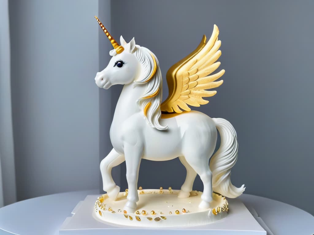  An intricately detailed sugar sculpture of a majestic unicorn standing on its hind legs, crafted with delicate precision and adorned with edible gold leaf accents, displayed on a sleek, modern white pedestal against a soft, blurred background to emphasize its ethereal beauty. hyperrealistic, full body, detailed clothing, highly detailed, cinematic lighting, stunningly beautiful, intricate, sharp focus, f/1. 8, 85mm, (centered image composition), (professionally color graded), ((bright soft diffused light)), volumetric fog, trending on instagram, trending on tumblr, HDR 4K, 8K