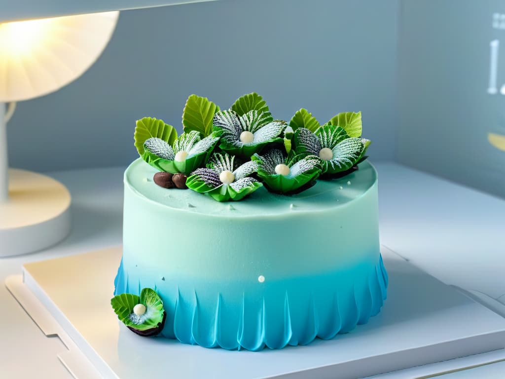  An ultradetailed 8k image of a sleek, modern 3D printer delicately extruding intricate designs of sustainable desserts like geometricshaped cakes, flowerpetal cookies, and chocolate sculptures. The background is a soft gradient from pastel green to sky blue, emphasizing a harmonious blend of technology and ecofriendly practices. The lighting is soft, casting a gentle glow on the desserts, showcasing the precision and artistry of sustainable 3D printed pastries. hyperrealistic, full body, detailed clothing, highly detailed, cinematic lighting, stunningly beautiful, intricate, sharp focus, f/1. 8, 85mm, (centered image composition), (professionally color graded), ((bright soft diffused light)), volumetric fog, trending on instagram, trending on tumblr, HDR 4K, 8K