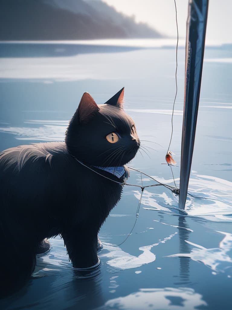  (small fish fishing:1.7、black cat that catches small fish、black cat fishing with a tail)、((icon、logotype design:1.4、symbol design))、black cat & small fish、(((on the frozen lake)))、best quality:1.4、masterpiece:1.4、ultra detailed texture、RAW photorealistic、absurd resolution、8K illustration、no background、💩、💩、💩、💩、💩、, masterpiece, best quality,8k,ultra detailed,high resolution,an extremely delicate and beautiful,hyper detail