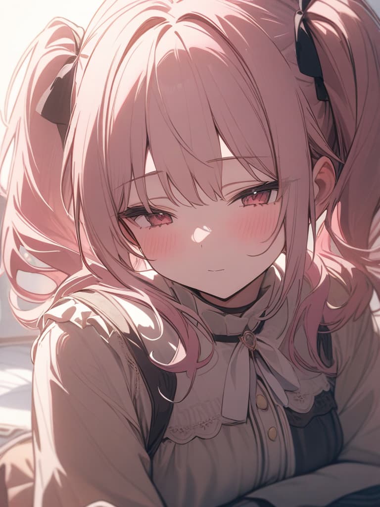  Girls, pink hair, twin tails, twin tails, white ribbons, sleepy face, sleepy face are cute, fluffy ~ 🥱, masterpiece, best quality,8k,ultra detailed,high resolution,an extremely delicate and beautiful,hyper detail