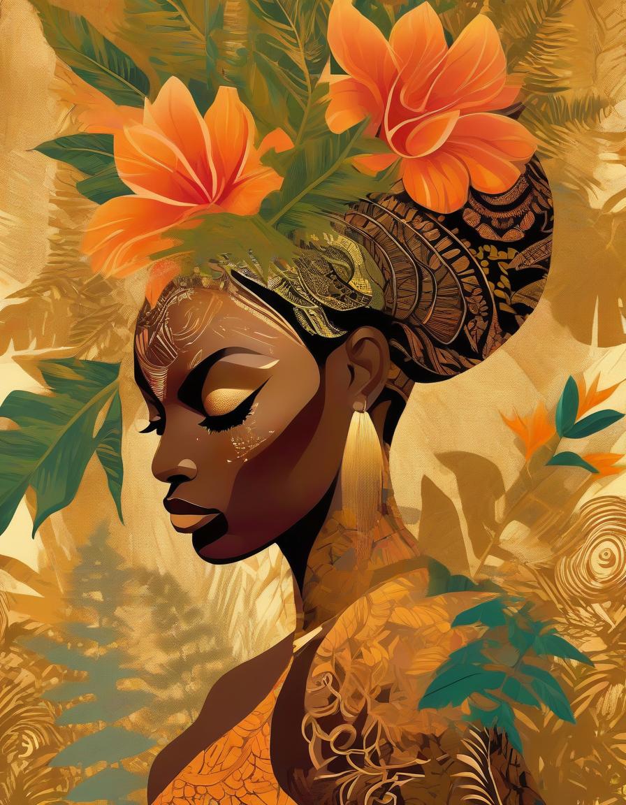  abstract expressionist painting Double exposure digital photography. Distant background. Image of an African woman with a bright exotic flower in her hair, against a backdrop of tropical plants. Her silhouette is filled with intricate details of botanical illustrations. Zentangle, doodle, ethnic ornaments. Fine gold outline, (potale: 0.8). Stylistics: realism, surrealism, concept art, Victorian rococo, romanticism. In the manner of Mucha and Klimt. High detail and high quality. . energetic brushwork, bold colors, abstract forms, expressive, emotional hyperrealistic, full body, detailed clothing, highly detailed, cinematic lighting, stunningly beautiful, intricate, sharp focus, f/1. 8, 85mm, (centered image composition), (professionally color graded), ((bright soft diffused light)), volumetric fog, trending on instagram, trending on tumblr, HDR 4K, 8K