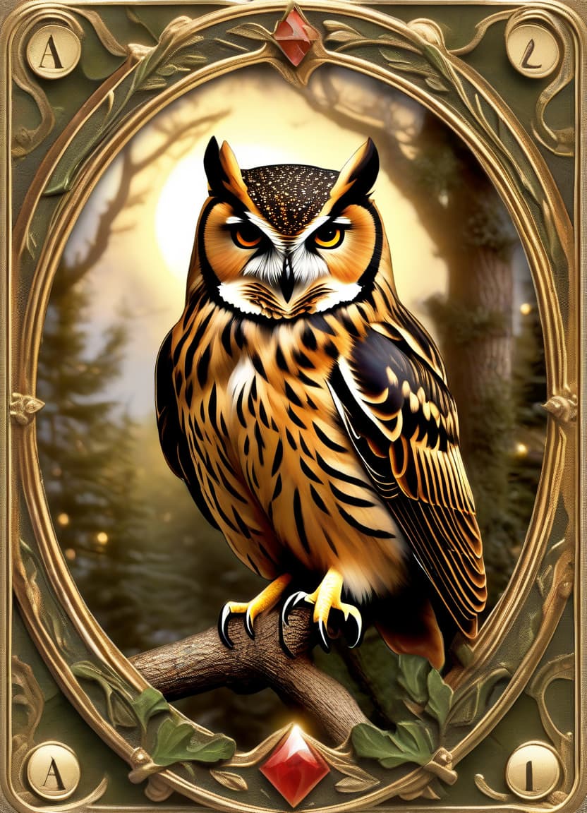  image of the “owl`s” card from the Lenormand deck. The image must contain the owl symbol with no background. hyperrealistic, full body, detailed clothing, highly detailed, cinematic lighting, stunningly beautiful, intricate, sharp focus, f/1. 8, 85mm, (centered image composition), (professionally color graded), ((bright soft diffused light)), volumetric fog, trending on instagram, trending on tumblr, HDR 4K, 8K