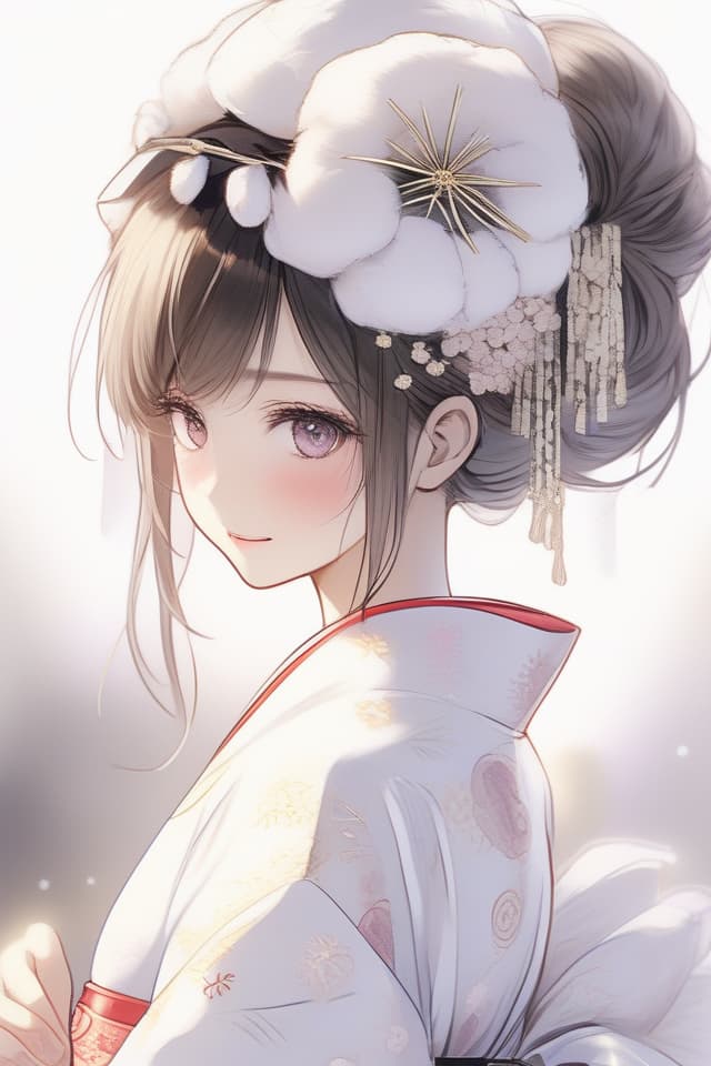  Fluffy illustration (Japanese bride with fluffy cotton headband on her head) (close up of upper body) Masterpiece,Japanese bride,Japanese bridal gown,white kimono with silver embroidery. Cotton hat,eyes hidden,only mouth visible.